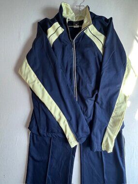 VTG Cheetah 90s Tracksuit Set Women L Navy Blue Yellow Zip Jacket Elastic Pants